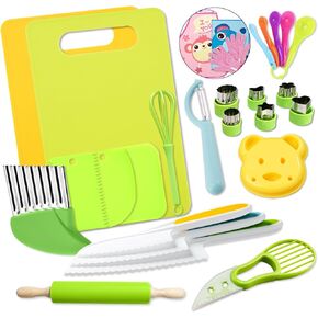 29 Pieces Montessori Kitchen Tools for Toddlers-Kids Cooking Sets Real-Toddler Safe Knives Set for Real Cooking with Plastic Toddler Safe Knives Avocado Slicer Crinkle Cutter Kids Cutting Board in Kuwait