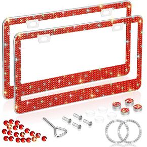 Car Bling License Plate Frame 2 Pack, Sparkly 2 Holes Acrylic Crystal Stainless Steel Universal License Plate Frame with Screw Caps Covers for US Auto Vehicles (Pink)