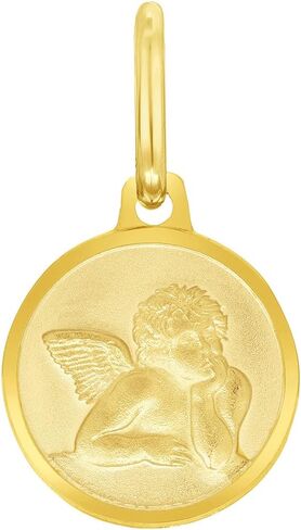Solid 14k Yellow Gold Round Guardian Angel Medal Charm Pendant - 3 Sizes in Saudi Arabia