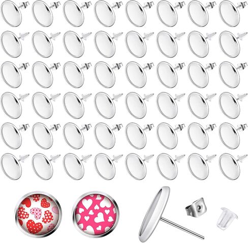 300 Pieces Stud Earring Kit Include 100pcs 12 mm Stainless Steel Blank Stud Bezel Settings 100 Rubber Backs 100 Earring Backs (Silver with Silver and Clear) in Saudi Arabia