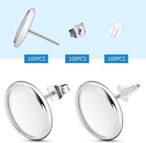 300 Pieces Stud Earring Kit Include 100pcs 12 mm Stainless Steel Blank Stud Bezel Settings 100 Rubber Backs 100 Earring Backs (Silver with Silver and Clear) in Saudi Arabia