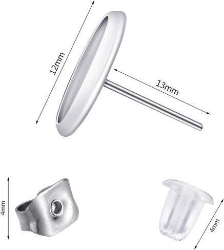 300 Pieces Stud Earring Kit Include 100pcs 12 mm Stainless Steel Blank Stud Bezel Settings 100 Rubber Backs 100 Earring Backs (Silver with Silver and Clear) in Saudi Arabia