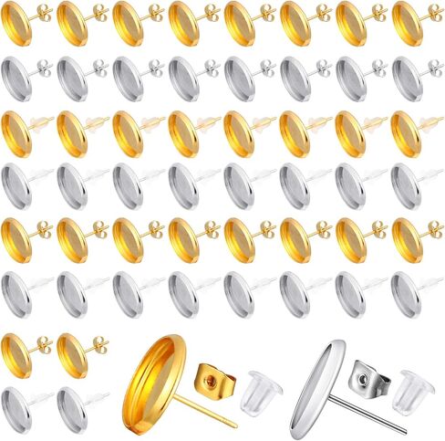 300 Pieces Stud Earring Kit Include 100pcs 12 mm Stainless Steel Blank Stud Bezel Settings 100 Rubber Backs 100 Earring Backs (Silver with Silver and Clear) in Saudi Arabia