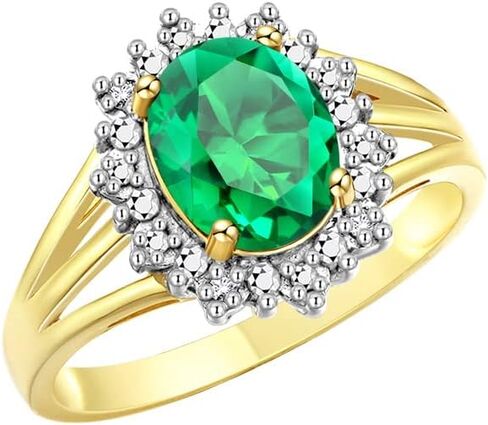Rylos Yellow Gold Plated Silver Ring with Princess Diana Inspired 9X7MM Gemstone and a Halo of Diamonds - Birthstone Jewelry for Women in Sizes 5-10 in Saudi Arabia