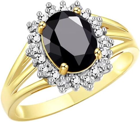 Rylos Yellow Gold Plated Silver Ring with Princess Diana Inspired 9X7MM Gemstone and a Halo of Diamonds - Birthstone Jewelry for Women in Sizes 5-10 in Saudi Arabia