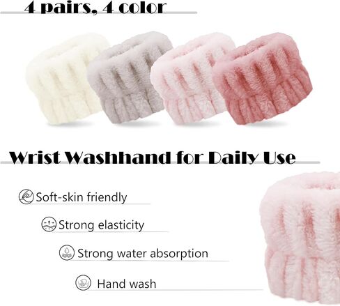 4 Pairs Wrist Bands for Washing Face, Microfiber Wristbands for Women Skin Care Preventing Water from Spilling Down Arm, Multicolor (Beige, Mica, Pea red, Pink) in Saudi Arabia