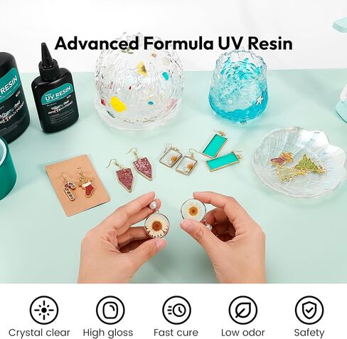 Resiners UV Resin Kit with Light,Upgraded 200g Crystal Clear Low Odor UV Glue,UV Light for Resin Curing,Mixing Cups,Stir Sticks,Ultraviolet Epoxy Resin Starter Jewelry Making Kit for Craft Beginner in Saudi Arabia