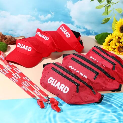 9 Pcs Guard Accessories Set, Includes 3 Red Guard Fanny Pack with Adjustable Strap Zipper Pouch, 3 Guard Whistle with Lanyard, 3 Sun Visor Hats for Men and Women in Saudi Arabia