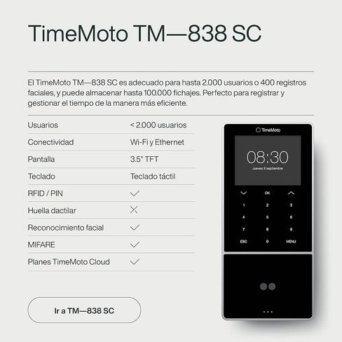 ساعة وقت الموظف TM–838 SC، التعرف على الوجه، أزواج مع بطاقات وصول بدون تلامس، شارة RFID/قاعدة المفتاح، PIN، 2000 مستخدم، جداول زمنية، تقارير، Wi-Fi، تطبيق لنظام iOS/Android، ضمان لمدة 3 سنوات in Saudi Arabia