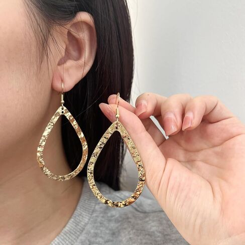 14K Gold Hammered Textured Large Teardrop Hoop Dangling Earrings for Women Bohemian Boho Statement Jewelry in Kuwait