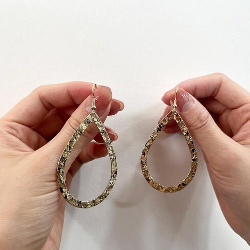 14K Gold Hammered Textured Large Teardrop Hoop Dangling Earrings for Women Bohemian Boho Statement Jewelry in Kuwait