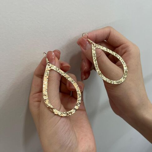 14K Gold Hammered Textured Large Teardrop Hoop Dangling Earrings for Women Bohemian Boho Statement Jewelry in Kuwait