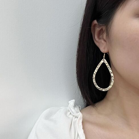 14K Gold Hammered Textured Large Teardrop Hoop Dangling Earrings for Women Bohemian Boho Statement Jewelry in Kuwait