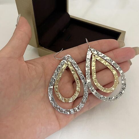 14K Gold Hammered Textured Large Teardrop Hoop Dangling Earrings for Women Bohemian Boho Statement Jewelry in Kuwait