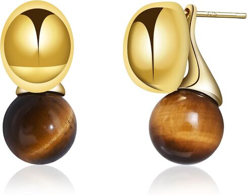 Gold Tiger Eye Stone Drop Earrings Gold Plated Circle Ball Stud Earrings for Women Handmade Gemstone Dangle Oval Earrings in Saudi Arabia