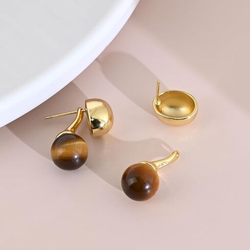Gold Tiger Eye Stone Drop Earrings Gold Plated Circle Ball Stud Earrings for Women Handmade Gemstone Dangle Oval Earrings in Saudi Arabia