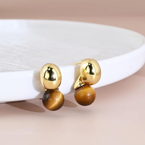 Gold Tiger Eye Stone Drop Earrings Gold Plated Circle Ball Stud Earrings for Women Handmade Gemstone Dangle Oval Earrings in Saudi Arabia