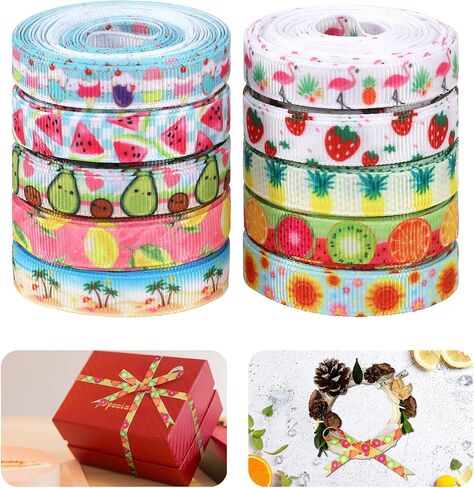 50 Yard Grosgrain Ribbon Summer Fruit Trims Printed Grosgrain Ribbons Ice Cream Sunflower Beach Pattern for Gift Wrapping Home Decor 3/8 Inch X 5 Yard (Pack of 10) in Saudi Arabia