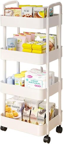 3 or 4 or 5 Tier Rolling Utility Cart with Handle - Multi-Functional Storage Trolley for Office, Living Room, Kitchen - Movable Organizer on Wheels (White) in Saudi Arabia