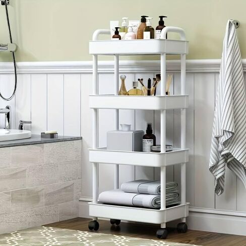 3 or 4 or 5 Tier Rolling Utility Cart with Handle - Multi-Functional Storage Trolley for Office, Living Room, Kitchen - Movable Organizer on Wheels (White) in Saudi Arabia