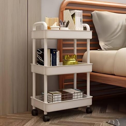 3 or 4 or 5 Tier Rolling Utility Cart with Handle - Multi-Functional Storage Trolley for Office, Living Room, Kitchen - Movable Organizer on Wheels (White) in Saudi Arabia