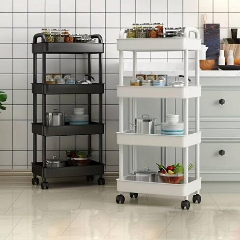 3 or 4 or 5 Tier Rolling Utility Cart with Handle - Multi-Functional Storage Trolley for Office, Living Room, Kitchen - Movable Organizer on Wheels (White) in Saudi Arabia