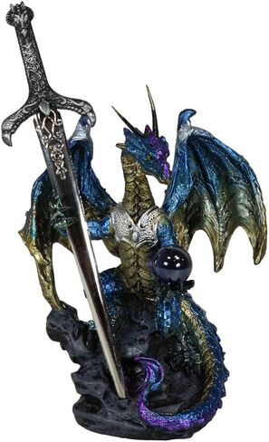 Ebros Gift Legendary Pacific Blue Metallic Armored Knight Dragon Holding Blue Orb Sphere and Draconian Sword Letter Opener Figurine Home Office Decorative Sculpture Medieval Dungeons Dragons Fantasy in Saudi Arabia