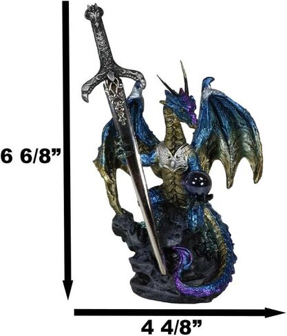 Ebros Gift Legendary Pacific Blue Metallic Armored Knight Dragon Holding Blue Orb Sphere and Draconian Sword Letter Opener Figurine Home Office Decorative Sculpture Medieval Dungeons Dragons Fantasy in Saudi Arabia