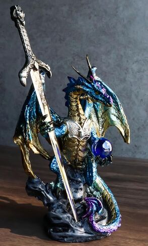 Ebros Gift Legendary Pacific Blue Metallic Armored Knight Dragon Holding Blue Orb Sphere and Draconian Sword Letter Opener Figurine Home Office Decorative Sculpture Medieval Dungeons Dragons Fantasy in Saudi Arabia