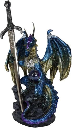 Ebros Gift Legendary Pacific Blue Metallic Armored Knight Dragon Holding Blue Orb Sphere and Draconian Sword Letter Opener Figurine Home Office Decorative Sculpture Medieval Dungeons Dragons Fantasy in Saudi Arabia