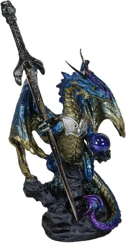 Ebros Gift Legendary Pacific Blue Metallic Armored Knight Dragon Holding Blue Orb Sphere and Draconian Sword Letter Opener Figurine Home Office Decorative Sculpture Medieval Dungeons Dragons Fantasy in Saudi Arabia