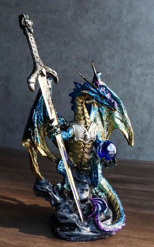 Ebros Gift Legendary Pacific Blue Metallic Armored Knight Dragon Holding Blue Orb Sphere and Draconian Sword Letter Opener Figurine Home Office Decorative Sculpture Medieval Dungeons Dragons Fantasy in Saudi Arabia