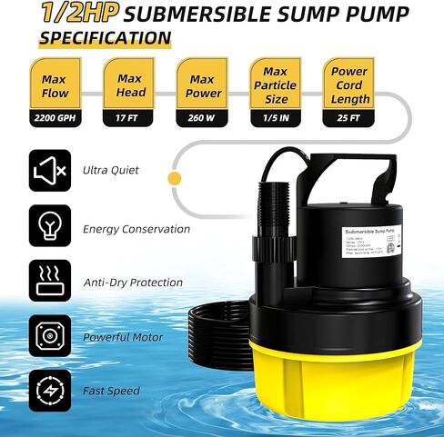 مضخة مياه غاطسة AgiiMan 1/2 HP، مضخة مستنقع محمولة 2200 GPH لتصريف حمام السباحة، مضخة غطاء حمام السباحة مع سلك طاقة 25 قدمًا للأقبية ونوافير حمام السباحة وحديقة حوض الاستحمام الساخن، أصفر in Kuwait