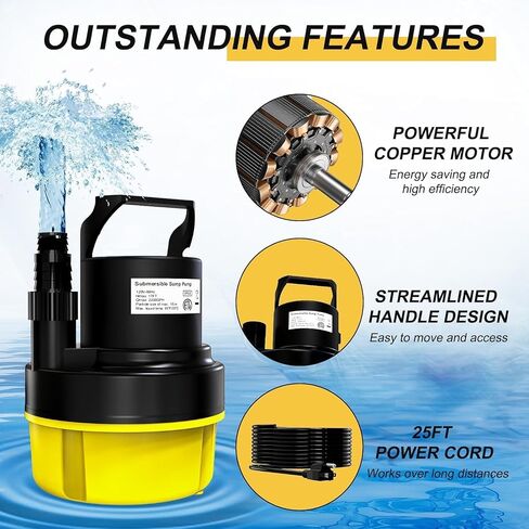 مضخة مياه غاطسة AgiiMan 1/2 HP، مضخة مستنقع محمولة 2200 GPH لتصريف حمام السباحة، مضخة غطاء حمام السباحة مع سلك طاقة 25 قدمًا للأقبية ونوافير حمام السباحة وحديقة حوض الاستحمام الساخن، أصفر in Kuwait