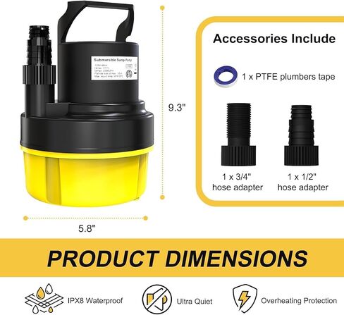 مضخة مياه غاطسة AgiiMan 1/2 HP، مضخة مستنقع محمولة 2200 GPH لتصريف حمام السباحة، مضخة غطاء حمام السباحة مع سلك طاقة 25 قدمًا للأقبية ونوافير حمام السباحة وحديقة حوض الاستحمام الساخن، أصفر in Kuwait