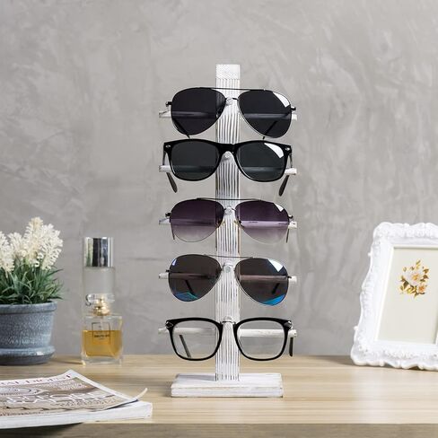 MyGift 5-Pair Barnwood Graywashed Wood Sunglasses and Eyewear Display Stand, Tabletop Multipurpose Keychain Storage Rack for Retail or Home Collection in Saudi Arabia