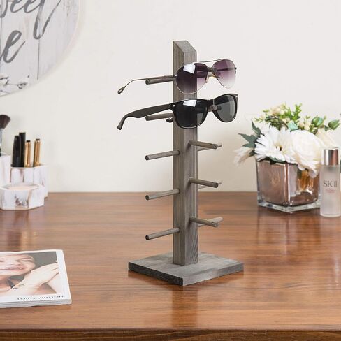 MyGift 5-Pair Barnwood Graywashed Wood Sunglasses and Eyewear Display Stand, Tabletop Multipurpose Keychain Storage Rack for Retail or Home Collection in Saudi Arabia