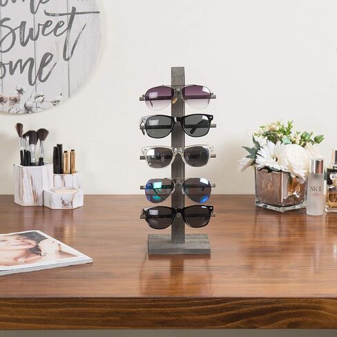 MyGift 5-Pair Barnwood Graywashed Wood Sunglasses and Eyewear Display Stand, Tabletop Multipurpose Keychain Storage Rack for Retail or Home Collection in Saudi Arabia