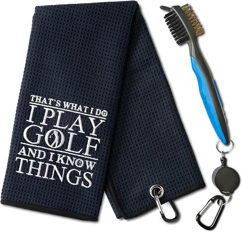 That's What I Do I Play Golf and I Know Things Funny Golf Towel Set, with Fluted Cleaning Brush, Embroidered Golf Towel with Clips, Golf Gift for Men Husband Boyfriend Dad, Gift for Golf Fans in Saudi Arabia