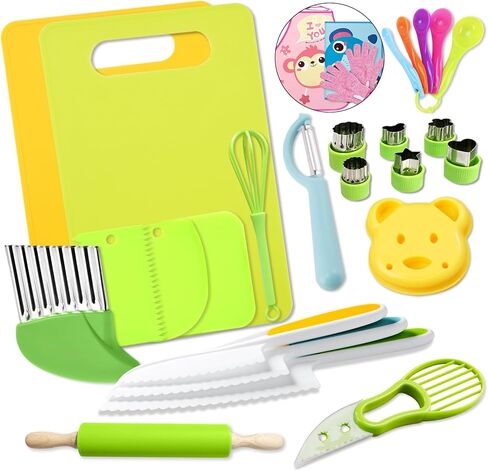 29 Pieces Montessori Kitchen Tools for Toddlers-Kids Cooking Sets Real-Toddler Safe Knives Set for Real Cooking with Plastic Toddler Safe Knives Avocado Slicer Crinkle Cutter Kids Cutting Board in Kuwait