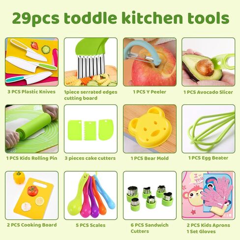 29 Pieces Montessori Kitchen Tools for Toddlers-Kids Cooking Sets Real-Toddler Safe Knives Set for Real Cooking with Plastic Toddler Safe Knives Avocado Slicer Crinkle Cutter Kids Cutting Board in Kuwait