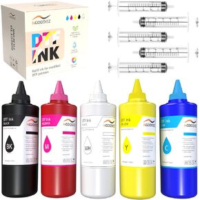 NGOODIEZ DTF Ink for L1800 XP-15000 ET-8550 - DTF Transfer Ink 5 x 500ml (2500ml) CMYK + White - Direct to Film Ink for Heat Press T-Shirt Printing in Kuwait