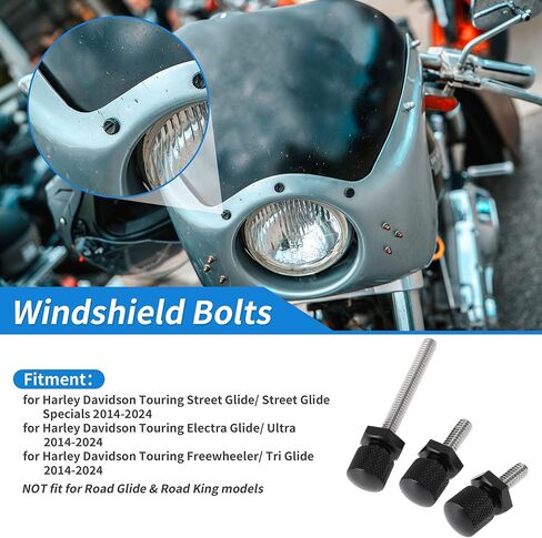 Windshield Bolts for Harley Davidson Touring Street Glide/Street Glide Specials 14-24 1 Pc Long Bolt 2 Pcs Short Bolts Aluminum Alloy Black in Kuwait