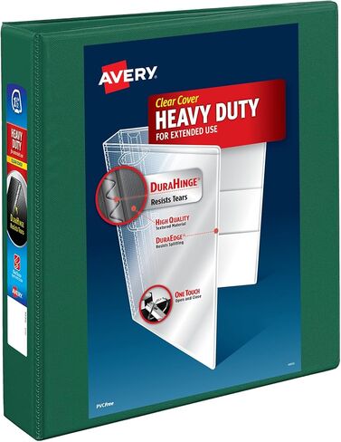 غلاف Avery عالي التحمل ذو 3 حلقات، حلقات EZD بلمسة واحدة 1.5 بوصة، سعة 400 ورقة، عمود فقري عريض 2.1 بوصة، غطاء شفاف قابل للتخصيص وعمود الفقري، 1 غلاف أخضر (79108) in Kuwait