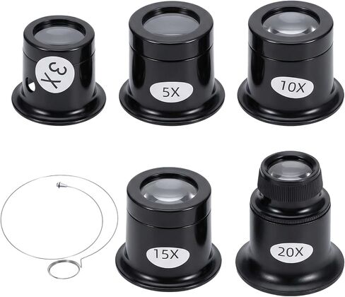 Jewellers Loupe، 6 قطع حلقات عين زجاجية مكبرة أحادية العين، عدسة مجوهرات مع حامل، عدسة 3X/5X/10X/15X/20X و30 × 36 مم، أداة إصلاح تجريبية لصانعي الساعات in Kuwait