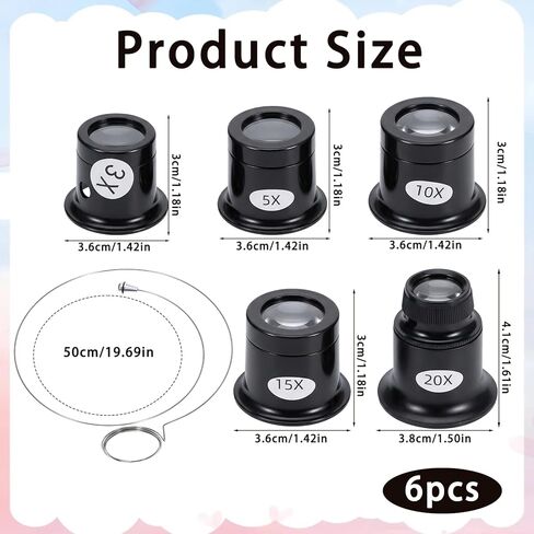 Jewellers Loupe، 6 قطع حلقات عين زجاجية مكبرة أحادية العين، عدسة مجوهرات مع حامل، عدسة 3X/5X/10X/15X/20X و30 × 36 مم، أداة إصلاح تجريبية لصانعي الساعات in Kuwait