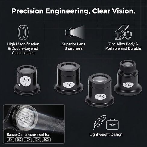 Jewellers Loupe، 6 قطع حلقات عين زجاجية مكبرة أحادية العين، عدسة مجوهرات مع حامل، عدسة 3X/5X/10X/15X/20X و30 × 36 مم، أداة إصلاح تجريبية لصانعي الساعات in Kuwait