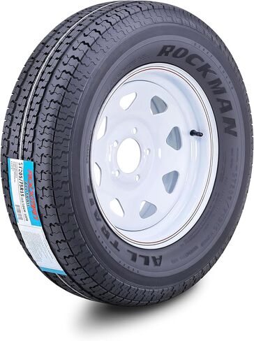 مجموعة عجلات إطارات ROCKMAN للمقطورة ST205/75R15 10 طبقات E 111M شديدة التحمل 2400 رطل مع 5 عروة على حافة PCD بيضاء مقاس 5 بوصات in Kuwait