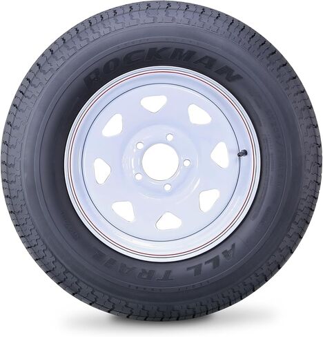 مجموعة عجلات إطارات ROCKMAN للمقطورة ST205/75R15 10 طبقات E 111M شديدة التحمل 2400 رطل مع 5 عروة على حافة PCD بيضاء مقاس 5 بوصات in Kuwait