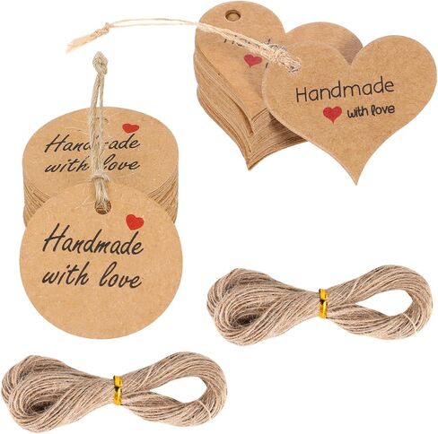 200pcs Handmade Gift Tags Heart-Shaped and Round Mini Gift Paper Tags with 66 ft String Brown Gifts Labels with Natural Jute Twin Natural Jute Twin Home Made Crafts Wedding Favors Birthday Party Gifts in Kuwait